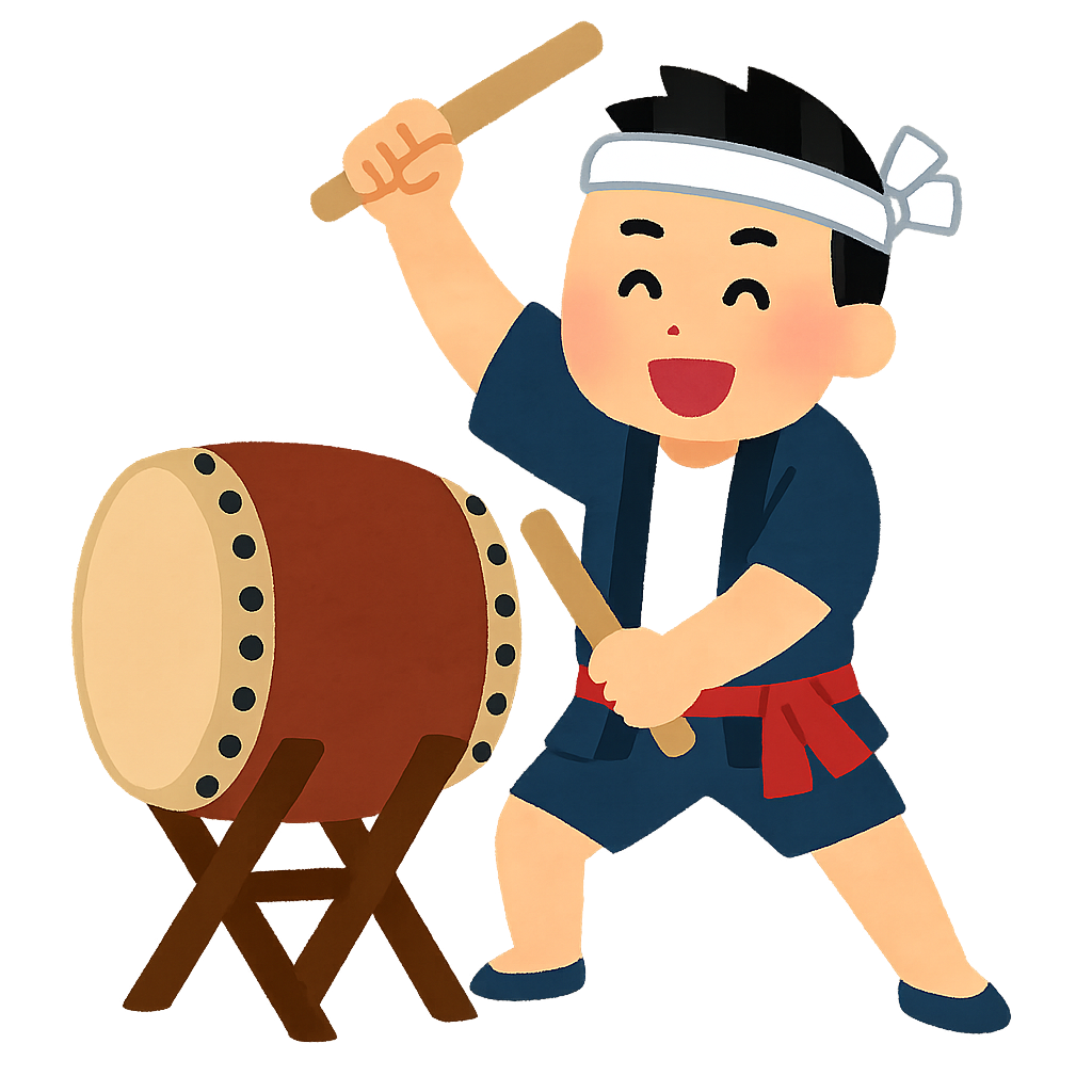 鉢巻をして法被を着た男性が笑顔で和太鼓をたたいているイラスト