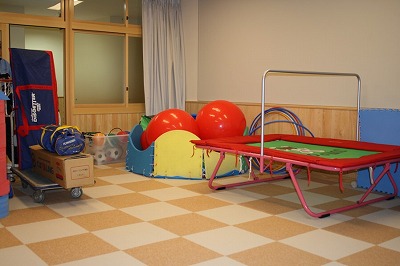 トランポリンやボールなどさまざまな遊具が並んだプレイルームの写真