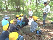 森の中で子どもたちが指導員の話を聞いている様子の写真