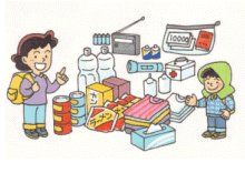 非常持出品などを準備する親子のイラスト