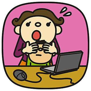女性が子供がパソコンを開いている画面を見ているのを、両手で目を隠しているイラスト