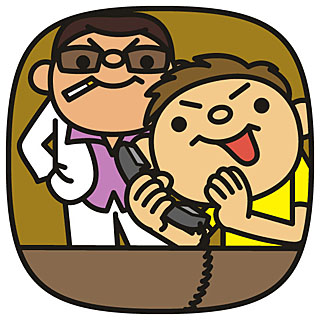 スーツ姿と黄色のTシャツを着た男性2人組が、電話を使い勧誘を行っているイラスト