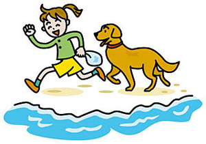 犬と飼い主の少女が一緒に海沿いを散歩しているイラスト