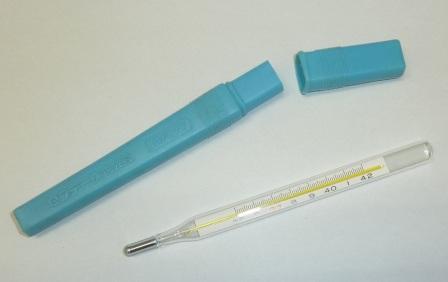 ガラス製の体温計とそれを入れる縦長の水色のケースの写真