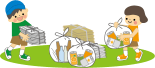 纏めて紐でくくられた新聞紙や分別されたゴミを運ぶ男の子と女の子のイラスト