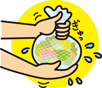 両手で水切りネットに入ったゴミの水を切っているイラスト