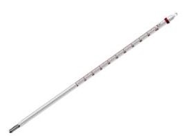 ガラス製の赤いメモリのついた水銀温度計の写真