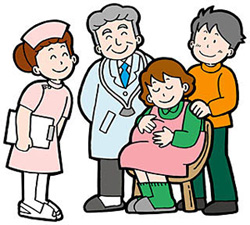 女性看護師と男性医師と男性に見守られながら椅子に座っているピンク色のマタニティウェアを着た妊婦のイラスト