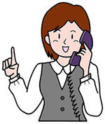 左手で電話を持ち、右手の人差し指を立てている女性のイラスト