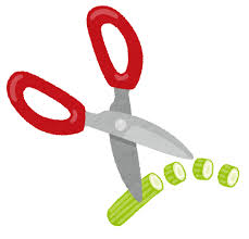 緑の野菜を切っているはさみのイラスト