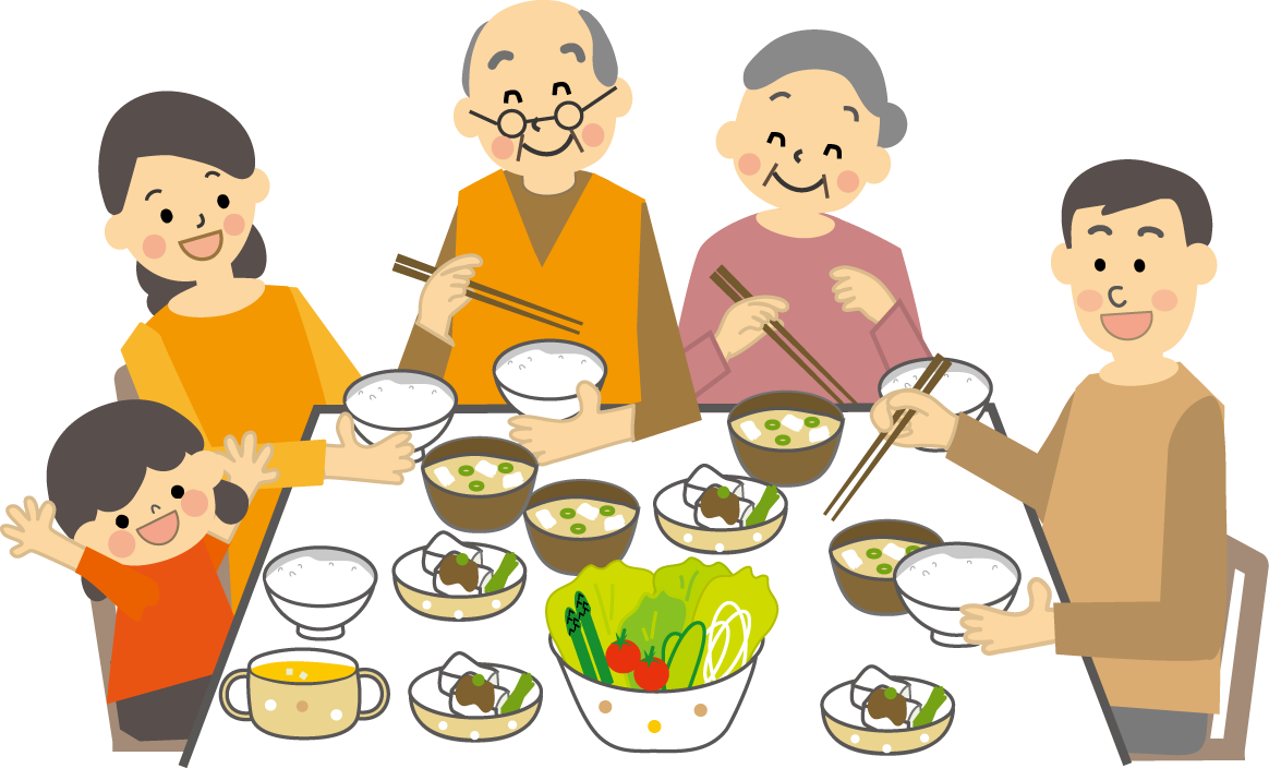 家族5人が食卓を囲み、料理を前に笑顔で食事をしているイラスト