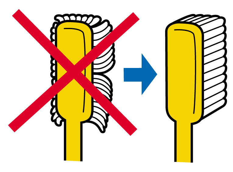 赤いバツ印が付いた毛先が開いた歯ブラシの右に、青い矢印で示された毛先の揃った歯ブラシが並んで描かれているイラスト