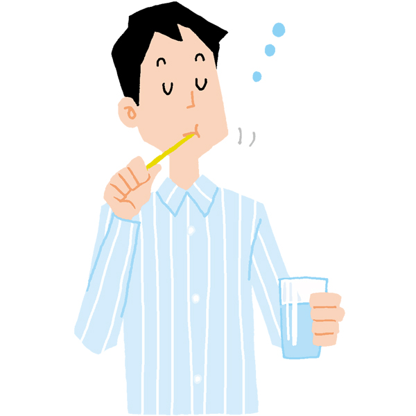 パジャマ姿の男性がコップを手に持ち、歯ブラシで口の中を磨いているイラスト