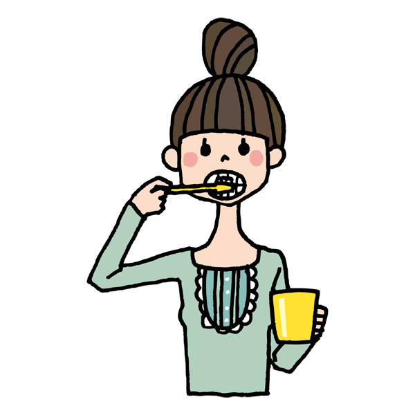 コップを片手に持ち、歯ブラシで口の中を磨いている女性のイラスト