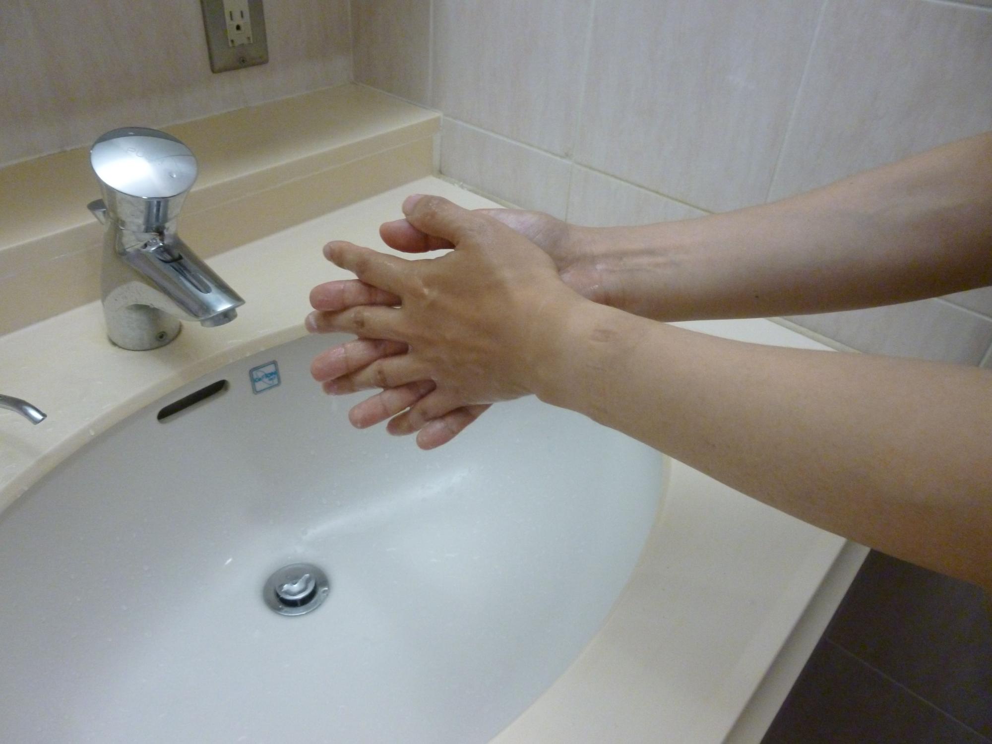 洗面台で手のひらを擦り合わせて洗っている写真