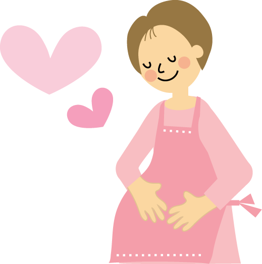 エプロンをつけた妊婦の女性がおなかを撫でているイラスト