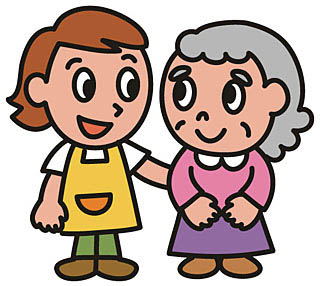 黄色いエプロンの介護スタッフとピンクの高齢女性のイラスト