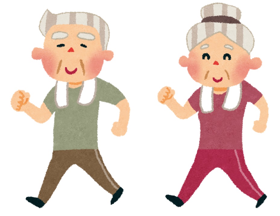 老婦人が運動着で散歩をしているイラスト