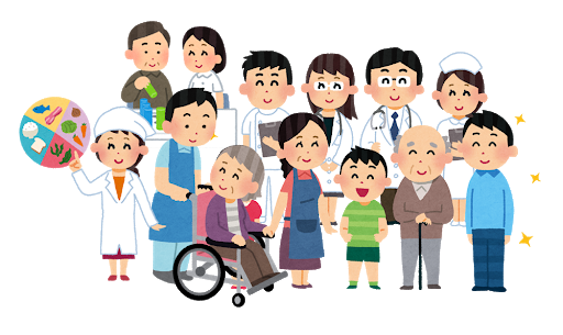 老若男女勢揃いの町民たちのイラスト